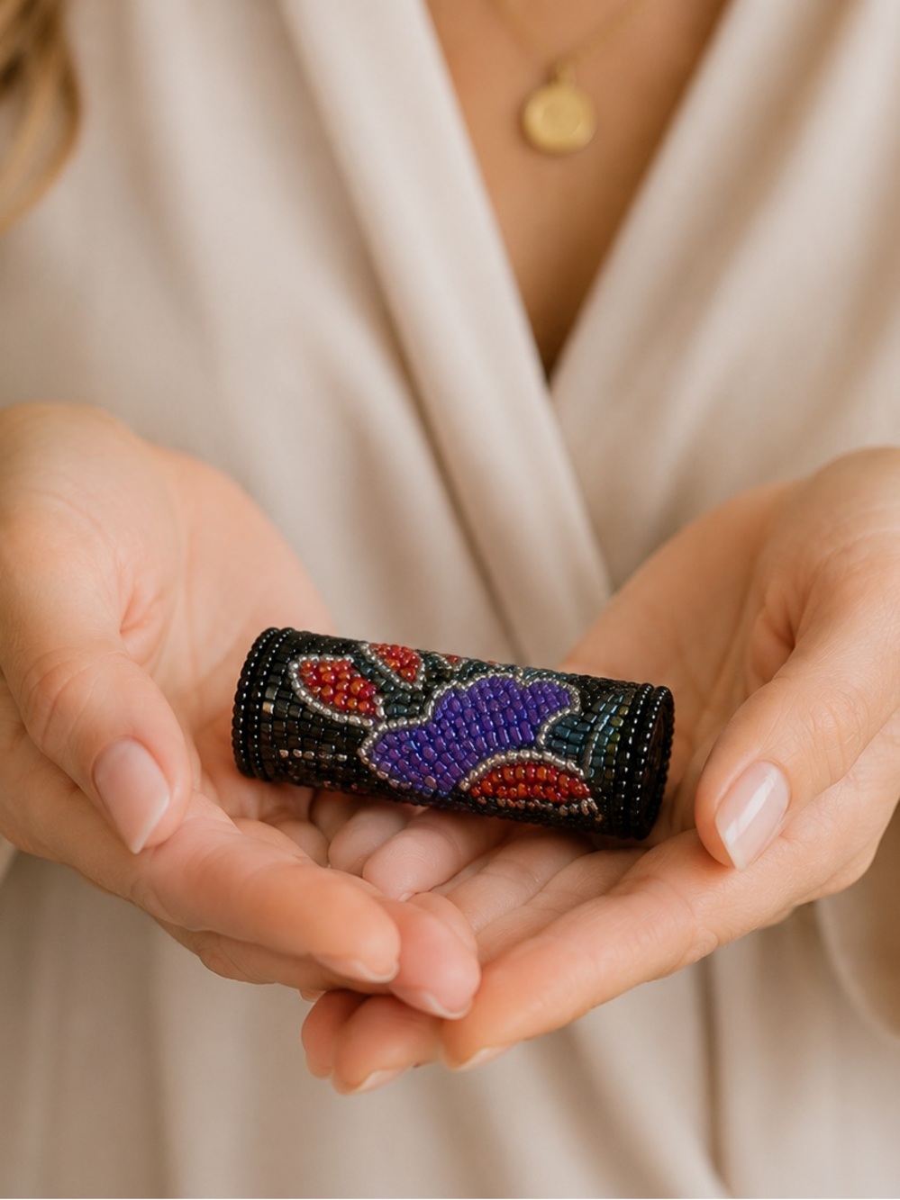 Beaded Floral Lipstick Case - Black and Purple and Red